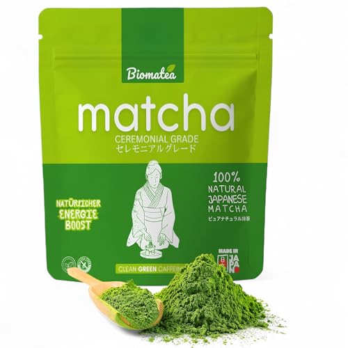Biomatea 50g Matcha Ceremonial Grade aus Japan – 100 % natürlich, pestizidfrei & getestet – Steinvermahlen – Japanisches Premium Moegi Matcha-Tee-Pulver
