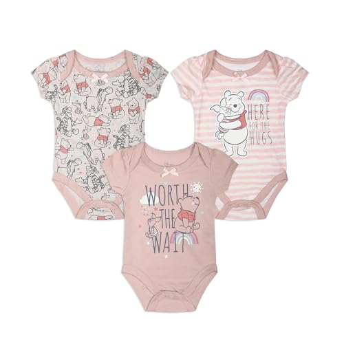 Image of Disney Girls’ Dumbo, Princess Or Winnie The Pooh 3 Pack Bodysuit for Newborn – Pink/Grey or Pink/Green/Grey or Pink/Beige