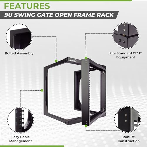 Image of NavePoint 9U Open-Frame Server Rack for 19 inch IT Network Equipment & A /V Devices Free Standing or Wall Mount with 180 Degrees Gate Swing, Black