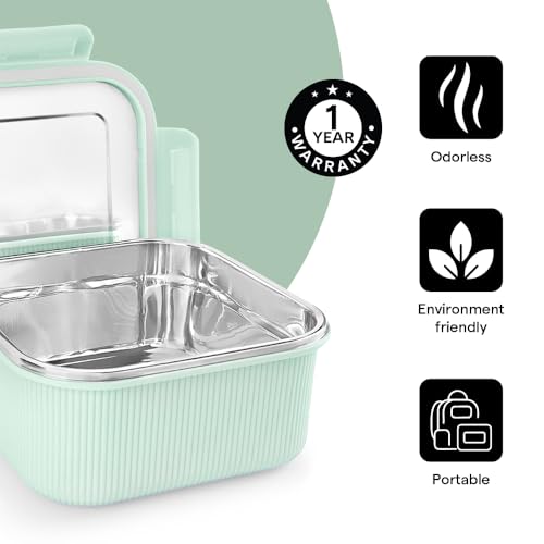 Image of Larah by BOROSIL Freshbyte Food Storage Container with Airtight Stainless Steel Lid | Fridge Container for Lunchbox | Food Grade | Microwave Safe (Green, 1600 ml, Square)