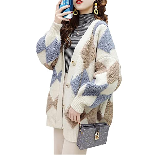 [NOLCCTN] カーディガン レディース アーガイル 秋冬 ニット トップス アウター 羽織 ボア 長袖 vネック 厚手 モコモコ あったか シンプル カジュアル オーバーサイズ ゆったり 着痩せ おしゃれ 秋 冬 春 (ホワイト, L)のサムネイル