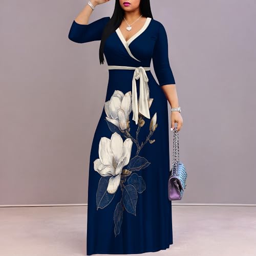 Image of Women Plus Size Long Sleeve V Neck Maxi Dress with Belt | Soft fabric relaxed fit three quarter sleeve v neck with pockets for party and daily wear