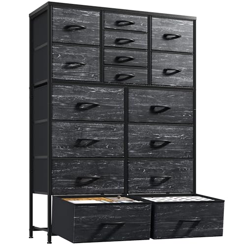 Romorgniz 57“H Dresser for Bedroom with 16 Drawers,Fabric Dressers & Chests of Drawers, Large Black Dresser with Sturdy Metal Frame, Wood Top,Entryway, Hallway
