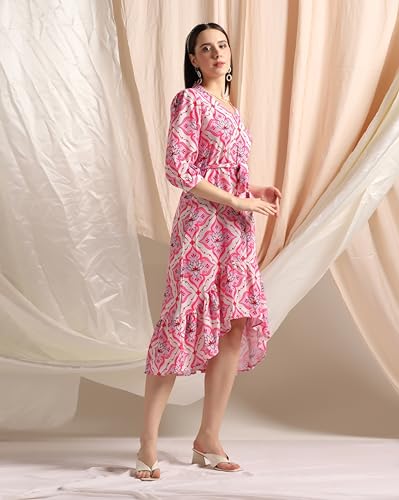 Dhruvi Trendz Womens Slub Rayon Women Western Dresses Regular Fit Dt-Wd1131 (Dt-Wd1131_Pink_S)