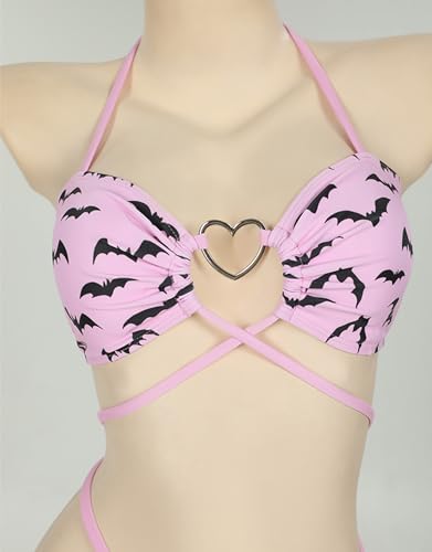 MEOWCOS Gothic Bat Pink Bikini Set Swimsuit Heart Buckle Halter Lace-up Top and Triangle Panty Bathing Suit Swimwear4