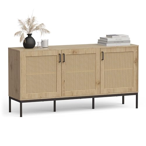 VonHaus Wide Sideboard for Living Room - Rattan Effect Hallway Cabinet with 6 Storage Shelves - Scandi Look Sideboard Storage Cabinet - Light Wood Effect Side Board for Lounge - Lena