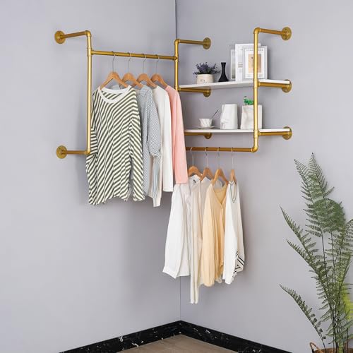 EDCB Industrial Pipe Clothing Rack Wall Mounted with 2 Wood Shelves, Heavy Duty Double Rod Garment Rack for Bedroom, Laundry Room & Retail Store, Gold, 59 Inch by EDCB - Used condition - Image 2