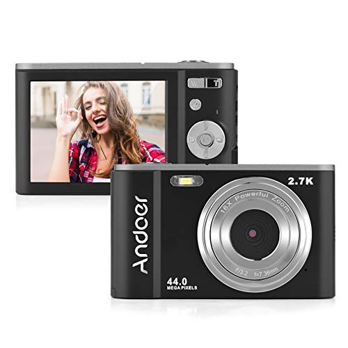 Andoer Mini cmara digital de 44 MP 2,7 K pantalla IPS de 2,7 pulgadas, zoom 16X, temporizador automtico de 128 GB, memoria extendida, 2 bateras con correa de mano, bolsa de transporte para Navidad