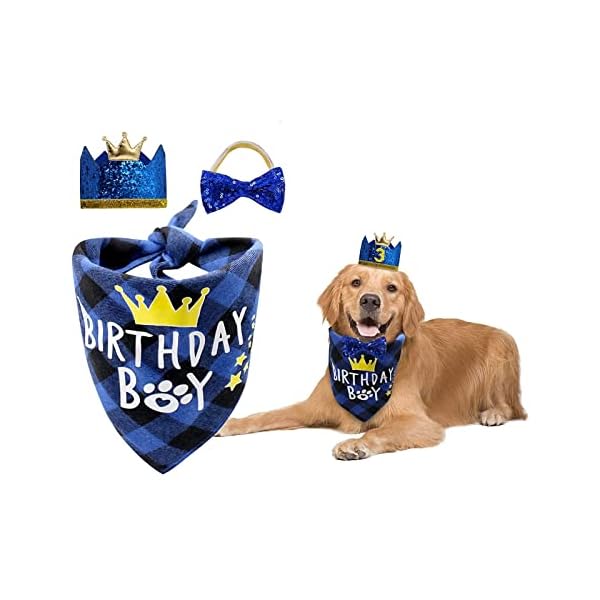 Dog birthday party supplies, boy dog birthday bandana set with cute dog bow tie, crown hat with numbers for small medium large dogs, blue dog birthday outfit (blue)