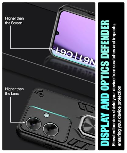 Image of WOW IMAGINE Shock Proof Back Case Mobile Cover for Realme Narzo N61 | Realme C61 (Tough Armor | Hybrid PC + TPU | Full Protection with Ring Holder & in-Built Kickstand | Black)