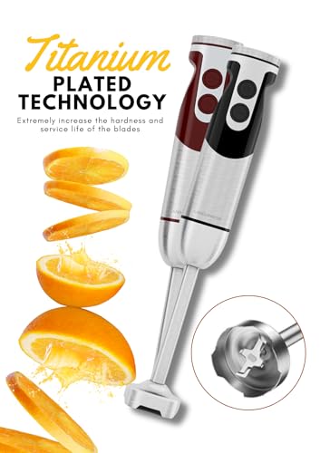 Image of MegaWise 3-in-1 Hand Blender Set with Variable Speed Control, 400W Immersion Blender - Includes Whisk, Milk Frother, Chopper, and Beaker for Smoothies, Soups, and Baby Food (RED)