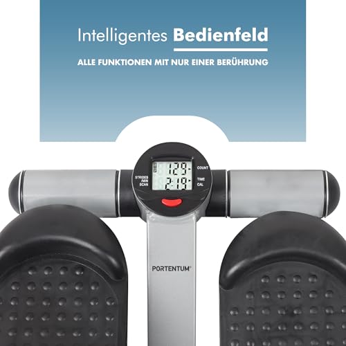 PORTENTUM Mini Stepper für Zuhause mit Widerstandsbändern und LCD-Display 5 Funktionen — Stairmaster 3-in-1 für Beine und Arme — Intensität einstellbar — Treppensteiger Fitnessgerät kompakt verstaubar