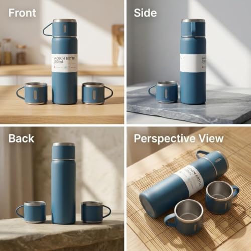 Image of Blue Premium 500ml Leakproof Stainless Steel Thermosteel Flask with 2 Cups Double Wall Insulated Hot & Cold Water Bottle for Daily Travel & Office