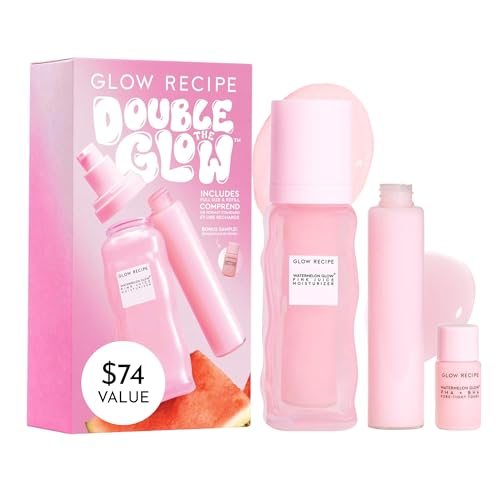 Glow Recipe Double The Glow Skincare Kit - Watermelon PHA BHA Face Toner + Full Size and Refillable Pink Juice Face Moisturizer with Hydrating Hyaluronic Acid for Dry Skin - Korean Skin Care (3 Count)