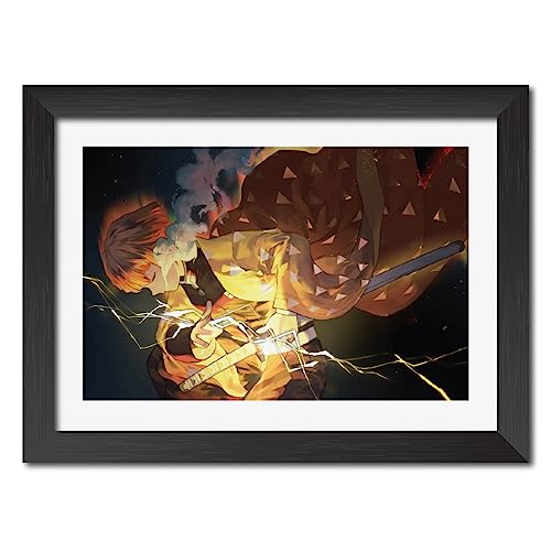 Image of TenorArts Zenitsu Posters Demon Slayer Anime Poster Laminated Photo Frame Painting with Matt Finish Black Textures (12inches x 9inches)
