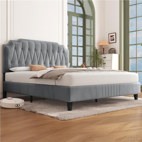 Yaheetech Lit 140x200 cm avec Sommier, Lit Double pour Adultes, 2 Personnes à Deux Places, Cadre de Lits Capitonnée, Réglable en Hauteur, en Bois Massif et Métal, Gris Clair