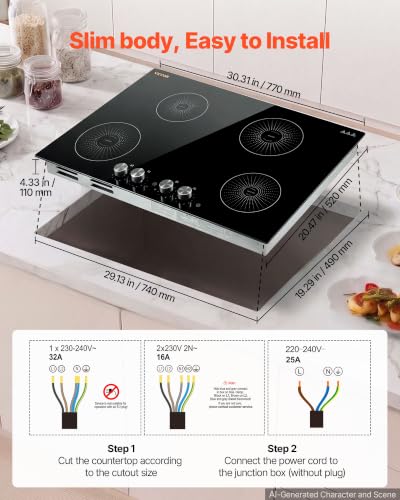 Image of VEVOR Induction Cooktop 30inch 4 Burners Built-in Electric Stove 220V 7200W, Low-Power Continuous Heating, Induction Burner for Kitchen, with 11 Power Levels, Knob Control, and Child Lock