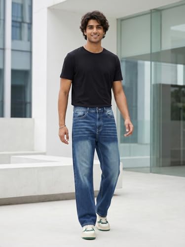 Image of Men's Wide Leg Green Baggy Denim Jeans | Loose Fit Streetwear Denim Pants for Men | Stylish Vintage Fashion Comfortable Denim Jeans