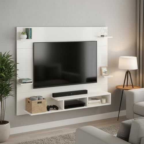 Image of FURNEASER Harrison Wall Mount TV Cabinet for Living Room | TV Unit with Back Panel, Set Top Box Stand & Display Shelves | Modern TV Rack & Entertainment Unit for 32 to 43 Inch TV (White)