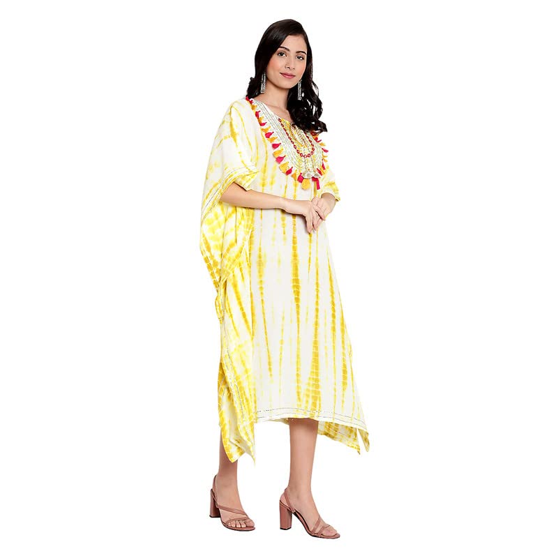 Image of Girls /Women Rayon Cotton Tie And Die Printed Kaftan Yoke Embellished Embroidery Kurti Gown Dress | Kurta /Kaftan for Women & Girls