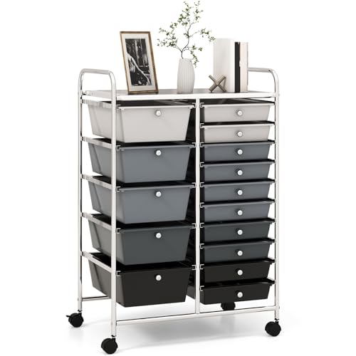 RELAX4LIFE 15-Drawer Storage Drawer Cart - Mobile Rolling Utility Cart with Wheels, Steel Frame, Craft Organizer for Classroom Organization and Storage, School, Office, Home, Gradient Black
