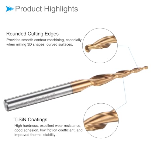 CoCud Kegelkugelfräser mit 0,75 mm Radius, 6 mm Schaft, 8,44 Grad Winkel, TiSiN-beschichtetes Hartmetall mit Mikrokorn, 2 Schneiden-Fräser