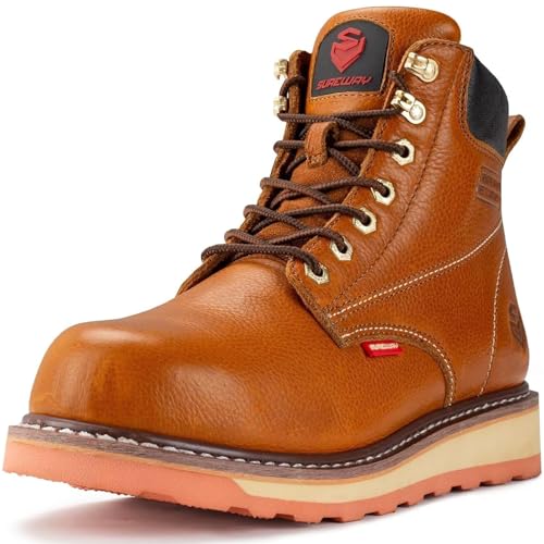 SUREWAY 6 in Mens Heavy Duty Soft/Steel Toe Work Boots for Men,Goodyear Welted,Full Grain Leather,Slip Resistant,EH Safety Industrial Construction Boot,Soft Toe LT Brown,Size 8.5