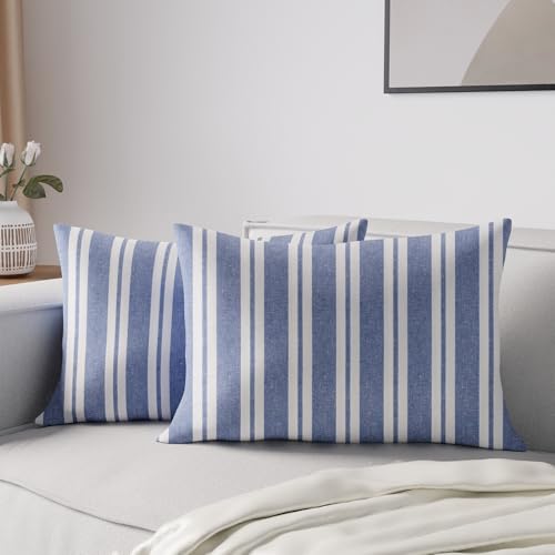 Image of Encasa XO Farmhouse Throw Pillow Covers Set of 2 (12x20 in) Franca Blue Stripes | Decorative Cushion Covers No Inserts | Plaid and Stripes Pillow Covers for Living Room, Couch
