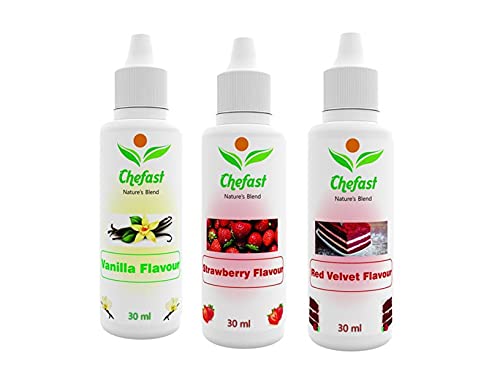 Image of Chefast Pack of 3 Baking Essence Flavour of Red Velvet , Vanilla , Strawberry for Cake, Ice-Cream,Milkshakes- 30ML ( Use 2-3 Drops Essence for 250 Grm Cake) This is Flavour only, Not a Color