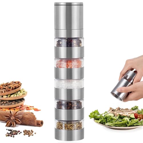 katmerio Set di mini spezie 5 in 1, con coperchio, da viaggio e da picnic, con macinaspezie, in acciaio inox, portatile, per picnic, barbecue, da viaggio