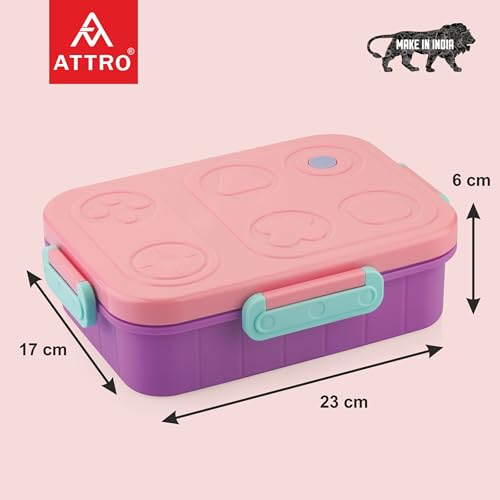 Image of ATTRO TicTac Plastic Lunch Box - 3 Compartment Bento Tiffin, Leak-Proof & Durable, Ideal for Kids, School, Picnic- 1200ml+80ml, Pink Purple