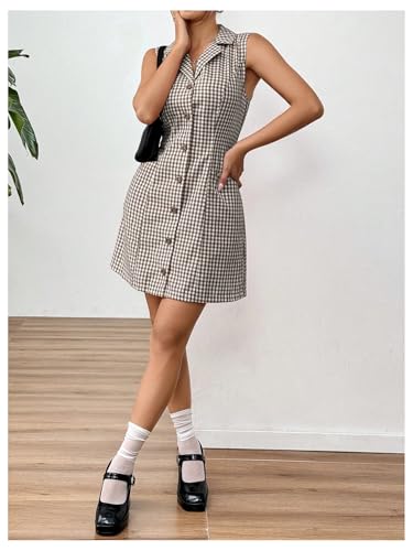 MakeMeChic Women's Plaid Gingham Lapel Button Down Short Dresses Sleeveless A Line Shirt Dress with Pocket3