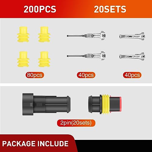 Image of Nilight 200PCS 2 Pin Electrical Connector Plug Male Female Terminal Wire Connector Waterproof Connectors 2 Way Automotive Connect Set for Car Truck Motorcycle Marine Boat 20 Sets, 2 Years Warranty