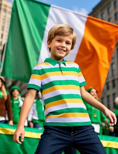 Image of COSLAND Green White and Orange Boys Striped Polo Kids Irish Shirt, Green White & Orange, L