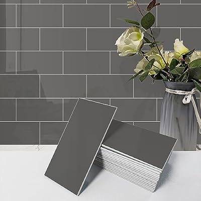 Avant Decor | Sample Tile | Stone Composite Subway Solid Color Tiles | Peel and Stick Kitchen Backsplash Tiles | Wall Tiles | 3” x 6” | Bex Metro Glossy Pewter