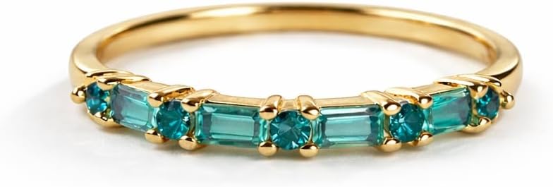 Green Emerald Wedding Band for Women 14K Yellow Gold Baguette & Round Cut Half Eternity Stackable Ring Elegant Anniversar Promise & Bridal Jewelry Gift for Her