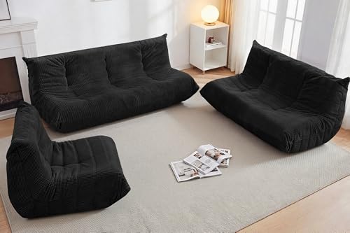 كرسي بين باج من كانسونا، كرسي بين باج عملاق للكبار، كرسي مريح كبير بجانب المدفأة، كرسي بين باج مريح مع حشوة ميموري فوم، اريكة ارضية للمنزل وغرفة المعيشة (اسود، 3 مقاعد)