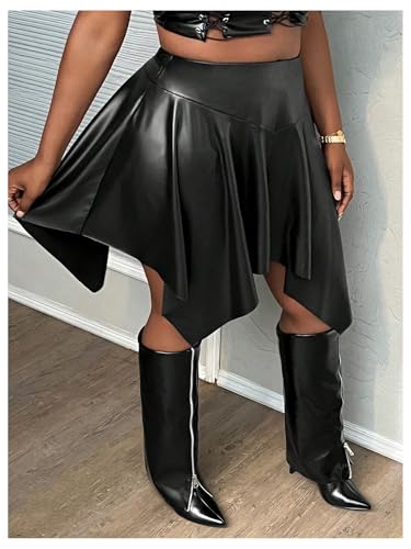 Women's Plus Size PU Leather Ruffle Skirt High Waisted Asymmetrical Party Rave Concert Mini Skirts Clubwear4