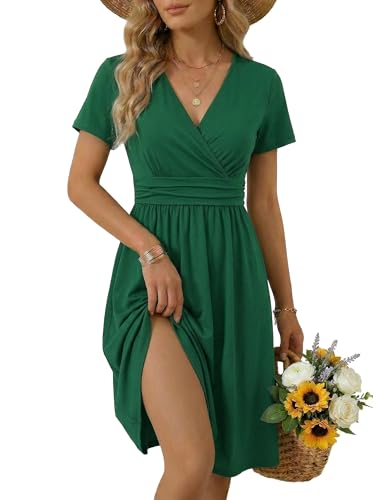 OUGES Summer Dress with Pockets Casual Lightweight Flowy Midi Sundress Work Church Wedding Guest Dresses(Green,M)