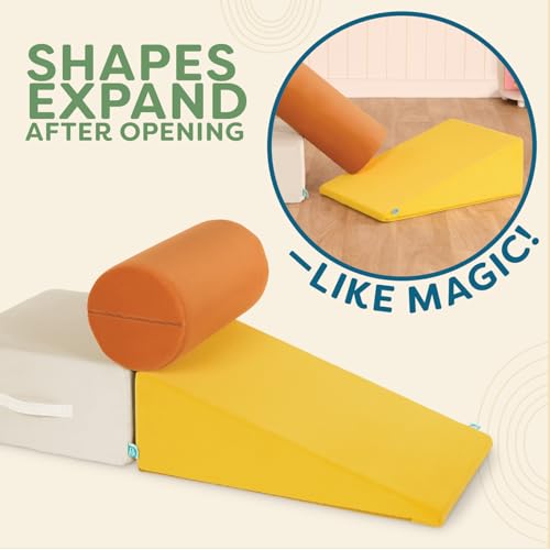 Image of B. toys WonderShapes Foam Climbing Blocks, 3-Piece Soft Play Set, Ramp Foam | Includes 1 foam cylinder, 1 ramp, and 1 block with easy-grip handles, machine-washable covers, indoor play, 1+ Years