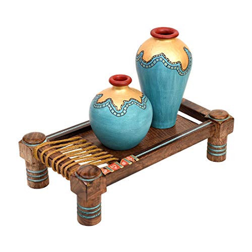 Image of Aakriti Art Creations Terracotta Vases Set of 2 with Wooden Chowki Stand, Turquoise Blue with Golden Glaze, Matte Finish Abstract Flower Vases for Living Room Decor, Table Decor