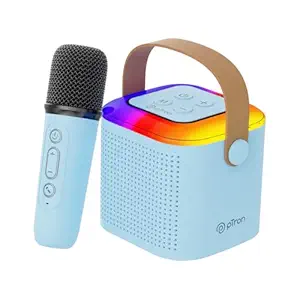 (Refurbished) pTron Newly Launched Fusion Tunes 10W Mini Bluetooth Speaker with Wireless Karaoke Mic, 8Hrs Playtime, Vivid RGB Lights, Voice Effects, Multi-Play Modes BT5.1/TF Card & Type-C Charging Port (Blue)