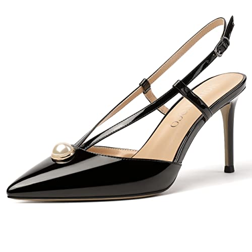 MODENCOCO Women's Patent Pointed Toe Cut Out Slingback Pearl Stiletto High Heel Pumps Shoes 3.5 Inch