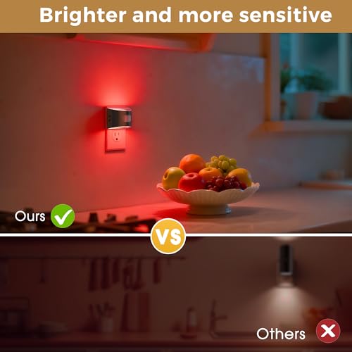 Image of L LOHAS LED Night Light with Motion Sensor & Dusk to Dawn Sensor, Night Lights Plug into Wall with 30-100lm Adjustable Brightness, Dimmable Night Light for Bathroom Hallway, Red, 4 Pack