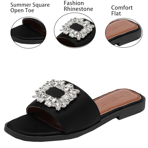 Women's Satin Square Rhinestone One Band Flat Slides Sandals Fashion Square Open Toe Comfort Summer Slip On Flat Slippers Vacation walking Beach Sandals3