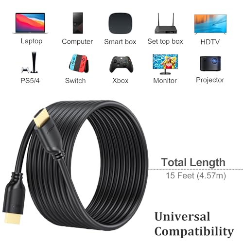 Image of 4K Long HDMI Cable 15 FT 2-Pack, HDMI to HDMI Cable 15 Foot High Speed HDMI 2.0 Cord 4K@60Hz, 2K 1440P@144Hz, 1080P, HDCP 2.2, HDR, 3D, ARC & Ethernet for HDTV, Laptop, Monitor, PS5, PS4, Xbox