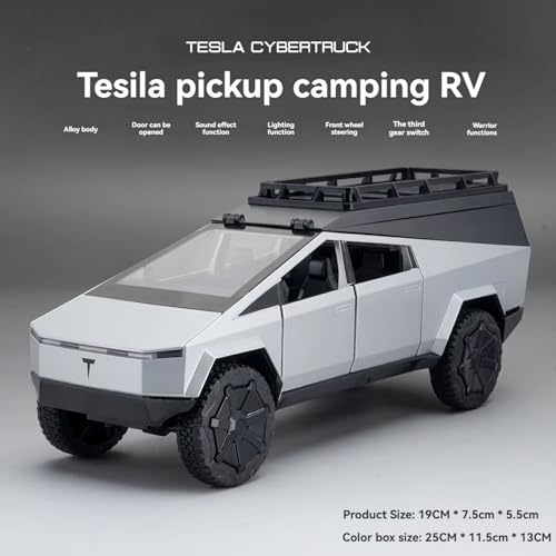 Image of Tesla Cyber Truck Camping Pickup RV with Motorcycle 1:32 Model Car Alloy Metal Pull Back Die-cast Metal Toy car with Openable Doors & Light Music Gifts Toys Kids【Colors as Per Stock】