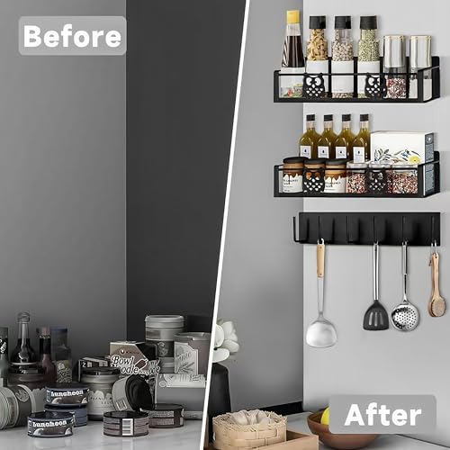 Image of Magnetic Spice Rack for Refrigerator,Spice Organizer for Kitchen,Seasoning Organizer Rack,Magnetic Shelf with Hooks,Strong Magnet,Moveable,No Drilling(3 Pack,Black,Owl)