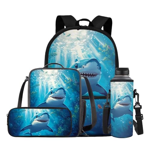 TSOVTHRID Mochila escolar 4 en 1 para niños y niñas, ligera con lonchera, mochila escolar para niños de 6 a 8 años, tiburón