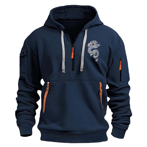 Image of Quarter Zip Dragon Printed Hoodies for Men, Autumn and Winter Cargo Long Sleeve Multi Pockets Hooded Sweatshirts Outdoors Comfy Workout Big & Tall Tops (Navy, L)